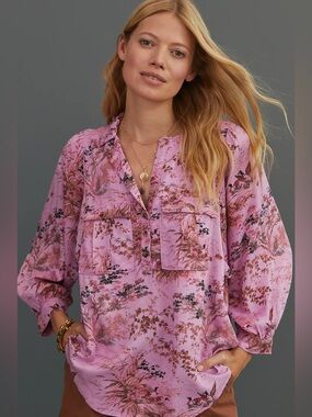 Anthropologie Pilcro Women's Utility Shirt pink duck print size medium